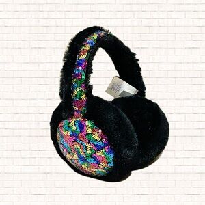 Girl’s Black Faux Fur Ear Muffs with Rainbow Sequins O/S More than Magic EUC OBO